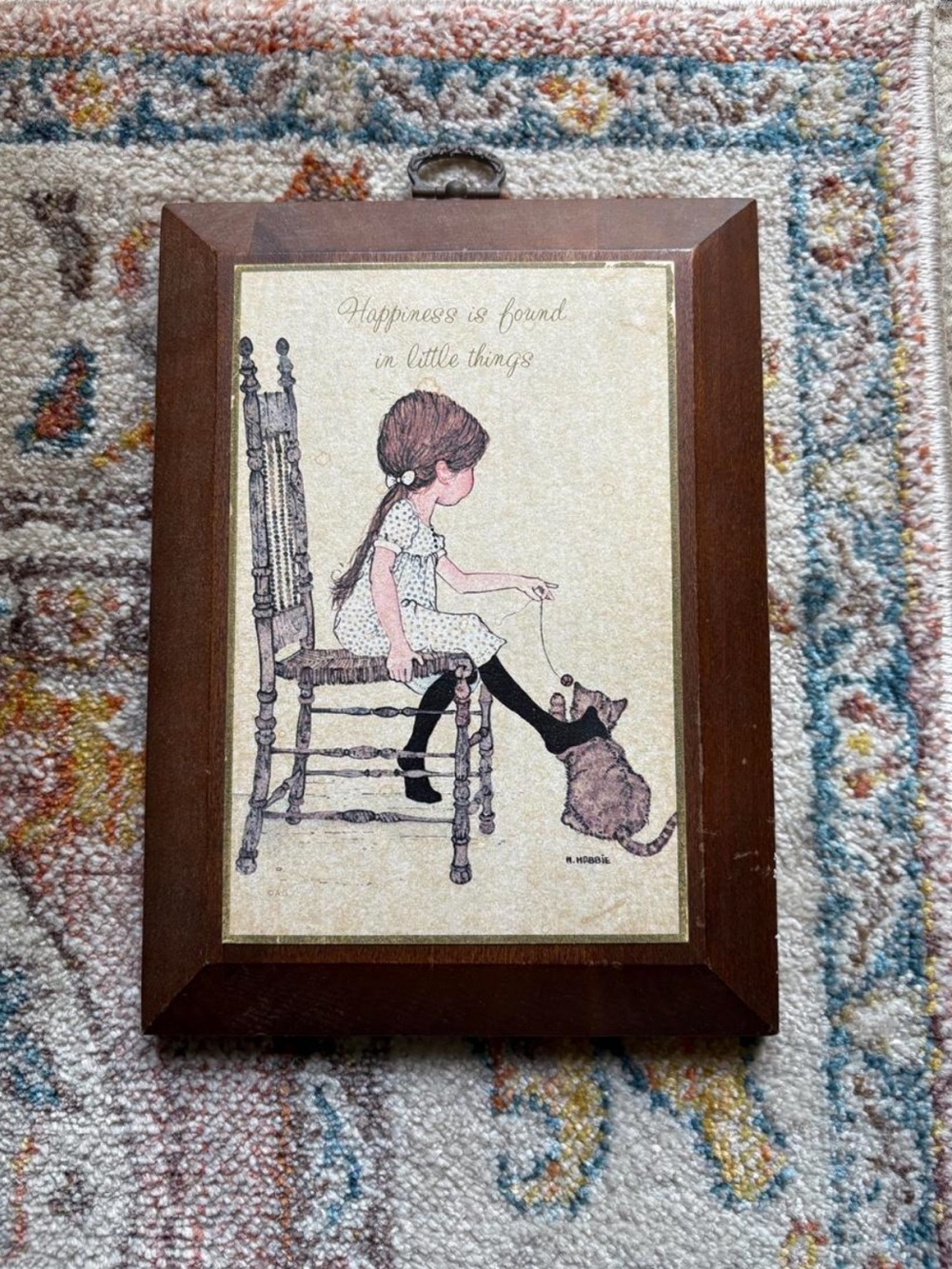 Vintage 1975 Holly Hobbie Wooden Framed Girl and Cat Wall Art